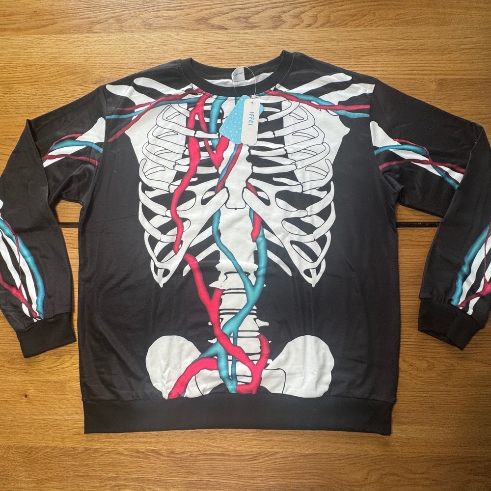 Women Skeleton Anatomical Graphic Sweatshirt Black Large NWT Halloween
